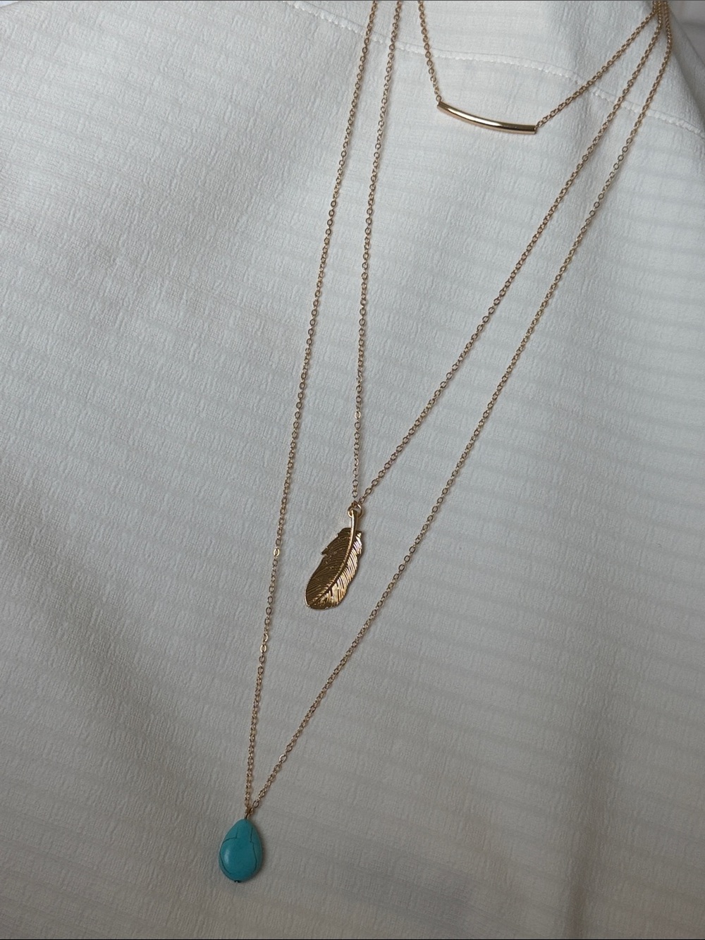 Long Gold Tone Layered Turquoise Stone & Feather Necklace